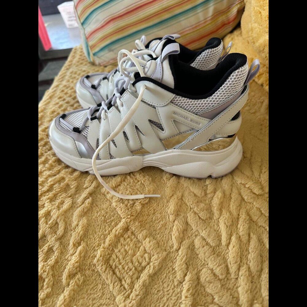 Michael Kors Women High Top Wedge Sneakers Shoes White/Silver/Lavender Sz 8.5M